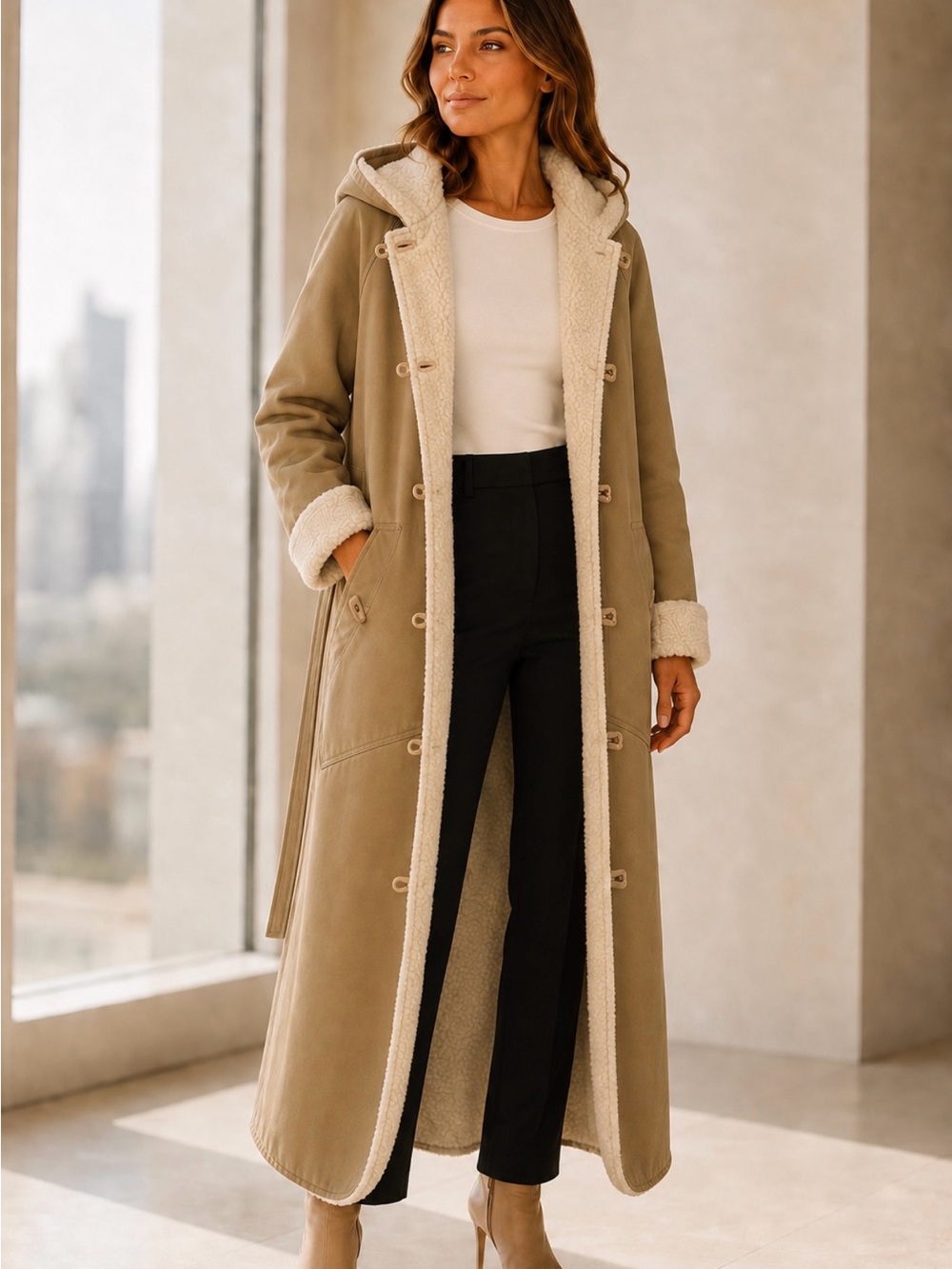 Vintage Long Taupe Trench Coat with Cream Shearling Trim